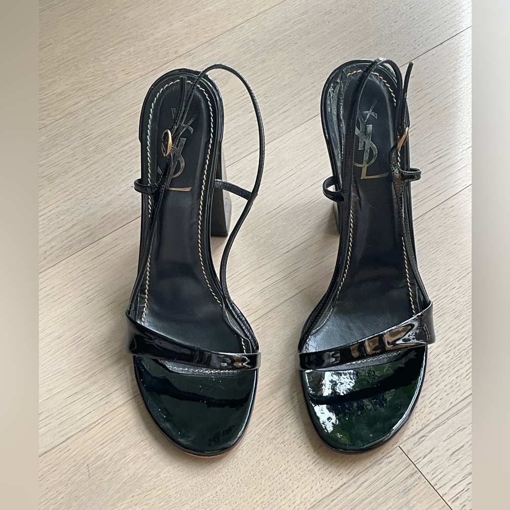 YSL black patent leather block heel sandals Sz 39